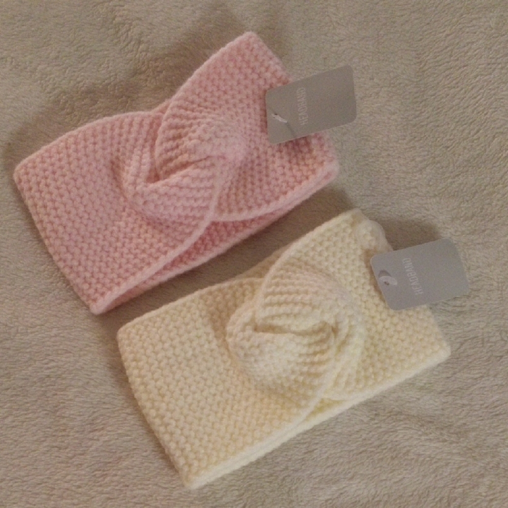 TWO Knitted Kids Headbands - Pink and Cream